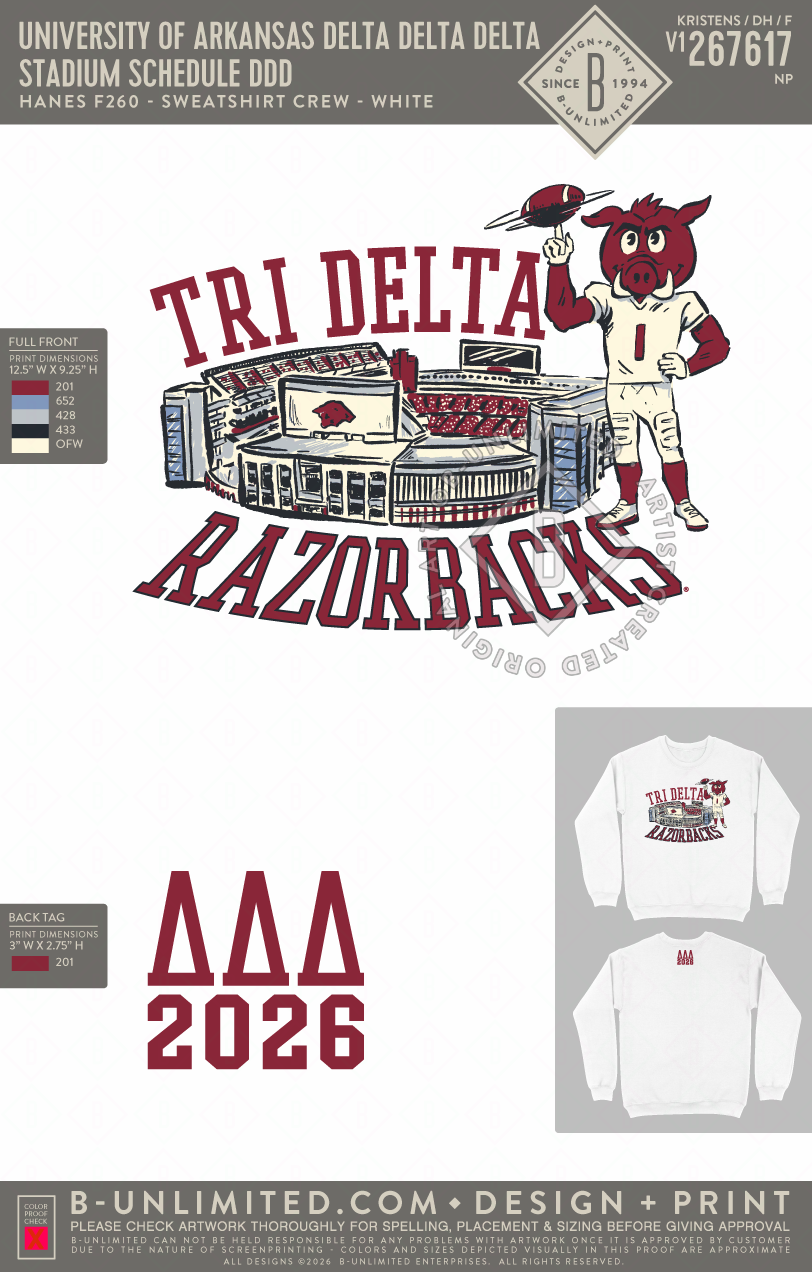 University of Arkansas Delta Delta Delta - Stadium Schedule DDD - Hanes - F260 - Sweatshirt - White