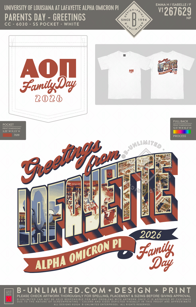 University of Louisiana at Lafayette Alpha Omicron Pi - Parents Day - Greetings - CC - 6030 - SS Pocket - White