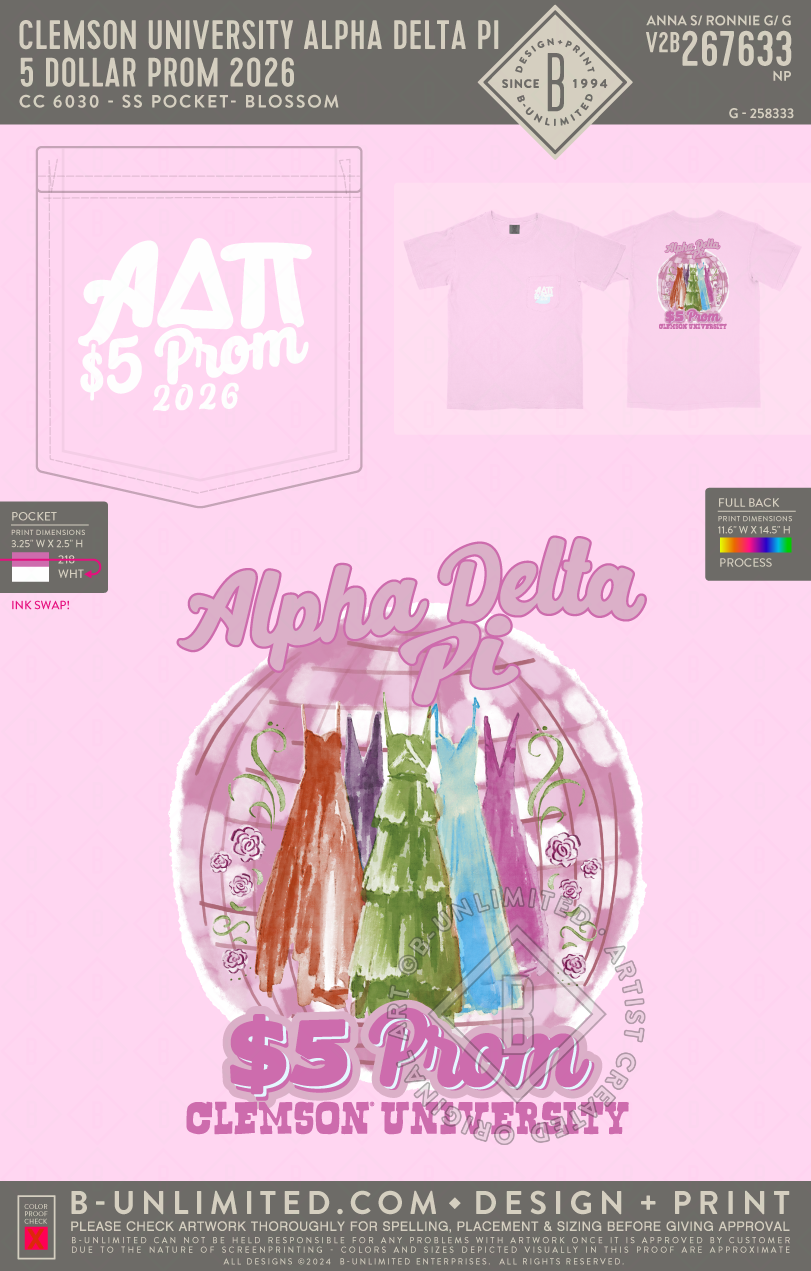 Clemson University Alpha Delta Pi - 5 Dollar Prom 2026 - CC - 6030 - SS Pocket - Blossom