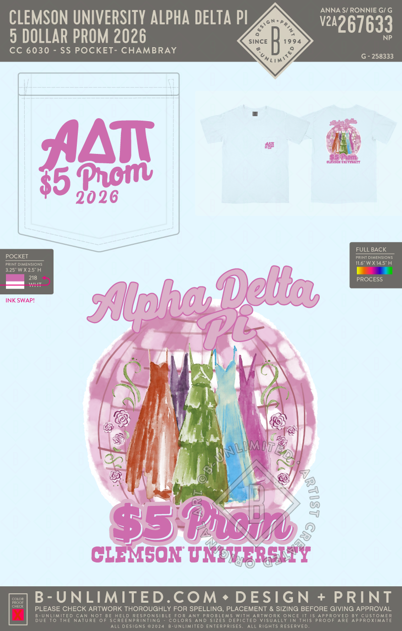 Clemson University Alpha Delta Pi - 5 Dollar Prom 2026 - CC - 6030 - SS Pocket - Chambray