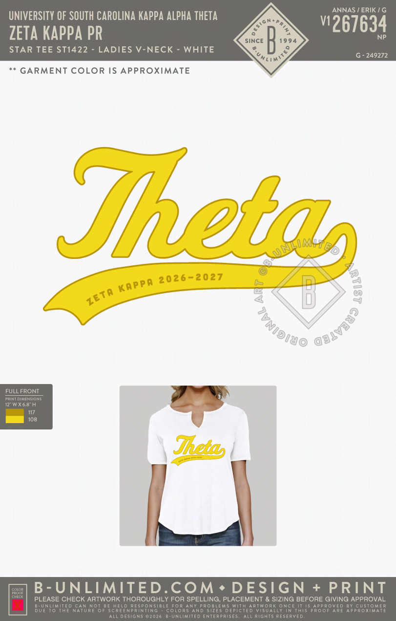 University of South Carolina Kappa Alpha Theta - Zeta Kappa PR - Star Tee - ST1422 - Ladies SS Slit V-neck - White