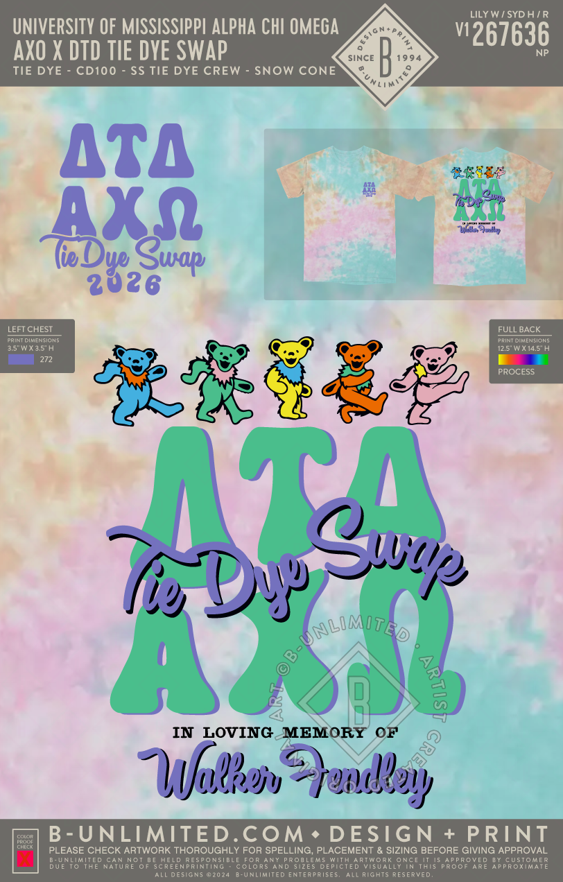University of Mississippi Alpha Chi Omega - AXO x DTD Tie Dye Swap - Tie Dye - CD100 - SS Tie Dye Crew - Snow Cone