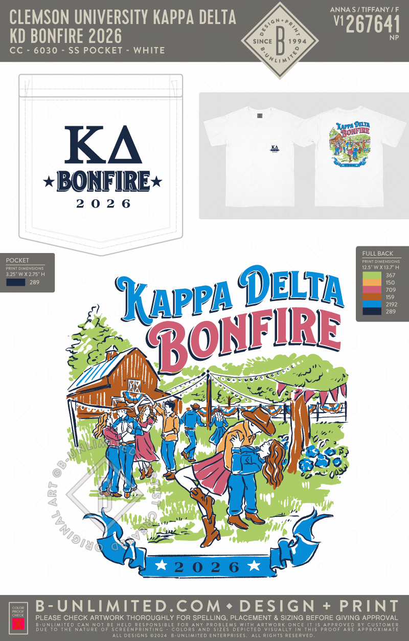 Clemson University Kappa Delta - KD Bonfire 2026 - CC - 6030 - SS Pocket - White