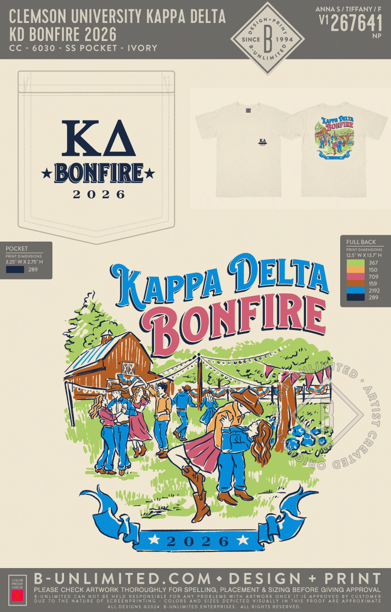 Clemson University Kappa Delta - KD Bonfire 2026 - CC - 6030 - SS Pocket - Ivory