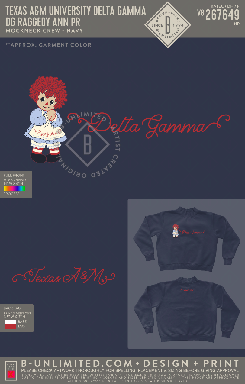 Texas A&M University Delta Gamma - DG Raggedy Ann PR - Tap Stitch - WW0004-P001-V2 - Mockneck Crewneck Sweatshirt - Navy Blue