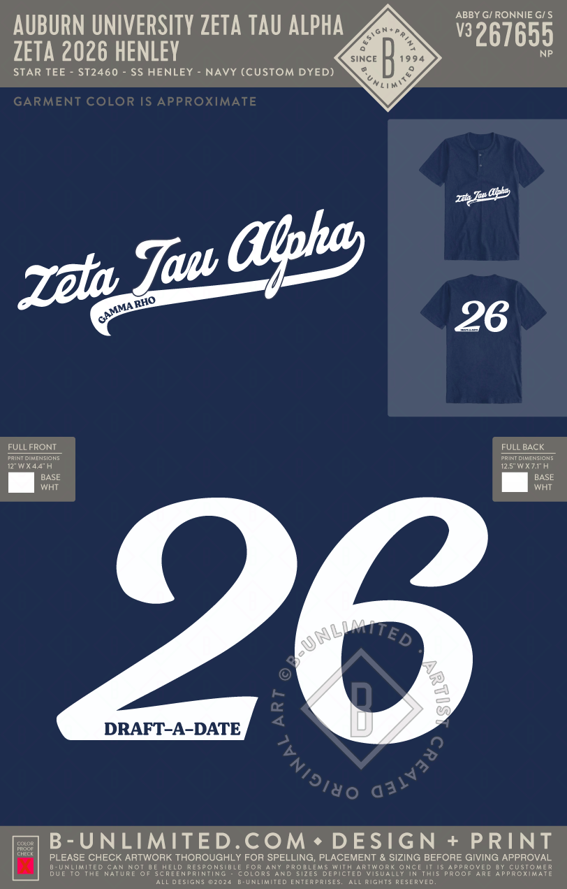 Auburn University Zeta Tau Alpha - Zeta 2026 Henley - Star Tee - ST2460 - SS Henley - Navy (Custom Dyed)