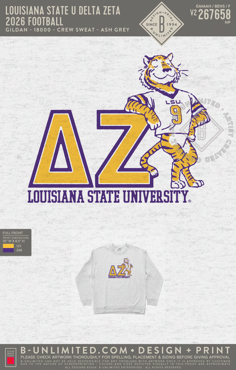 Louisiana State University Delta Zeta - 2026 Football - Gildan - 18000 - Crewneck Sweatshirt - Ash Grey