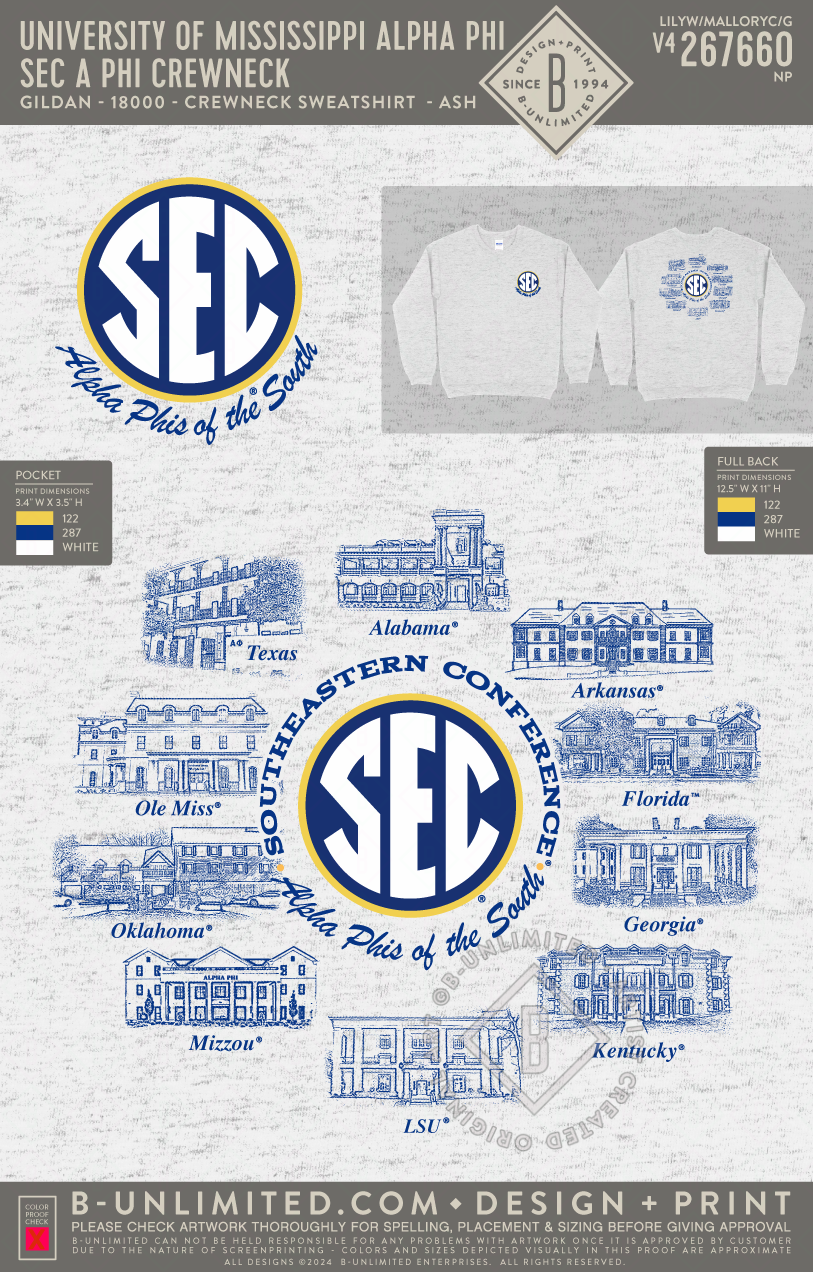 University of Mississippi Alpha Phi - SEC A Phi Crewneck - Gildan - 18000 - Crewneck Sweatshirt - Ash Grey