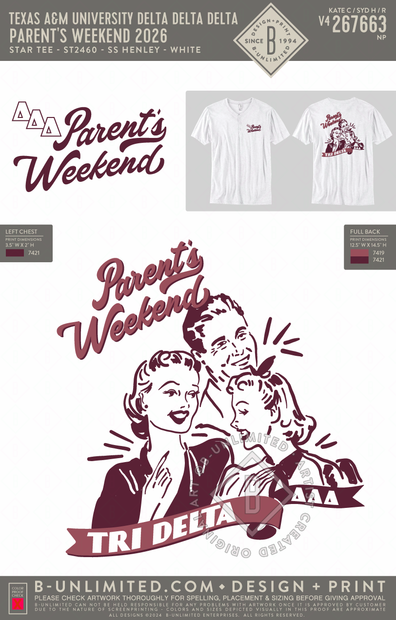 Texas A&M University Delta Delta Delta - Parent's Weekend 2026 - Star Tee - ST2460 - SS Henley - White