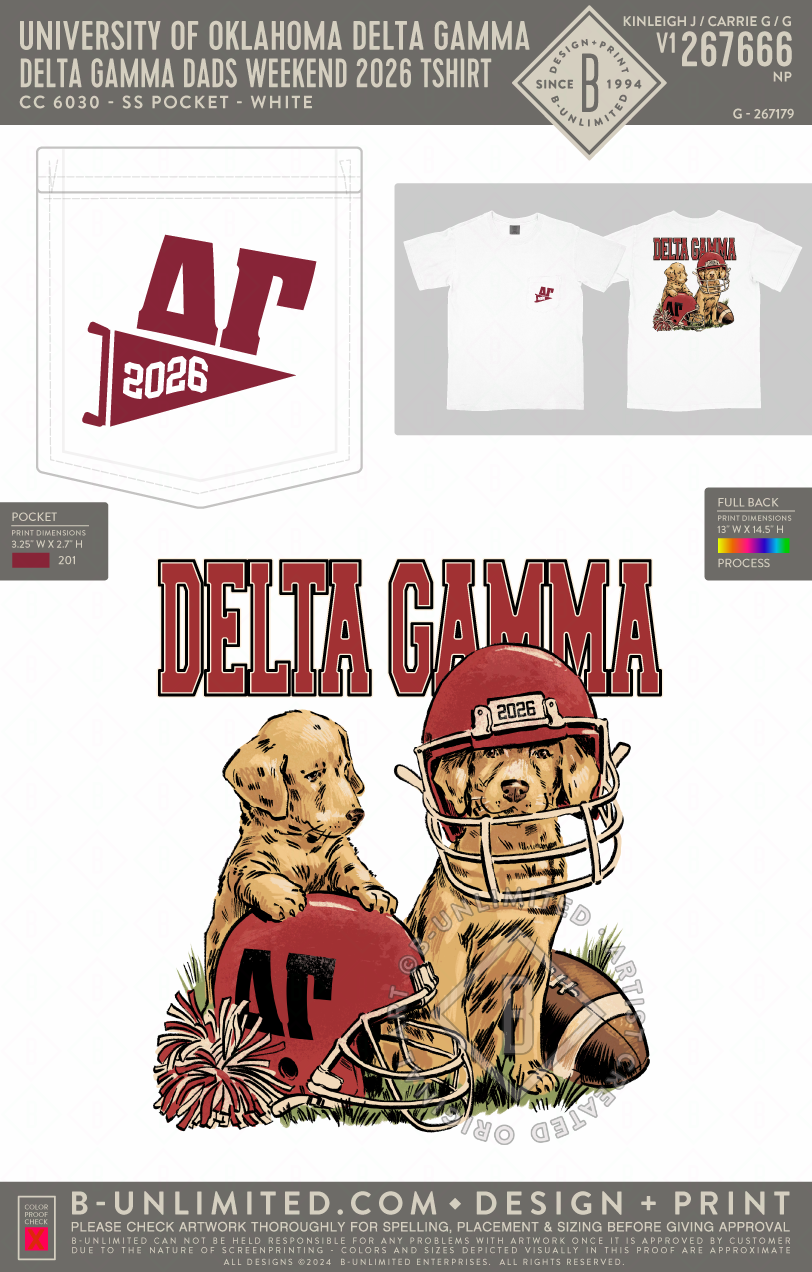 University of Oklahoma Delta Gamma - Delta Gamma Dads weekend 2026 tshirt - CC - 6030 - SS Pocket - White