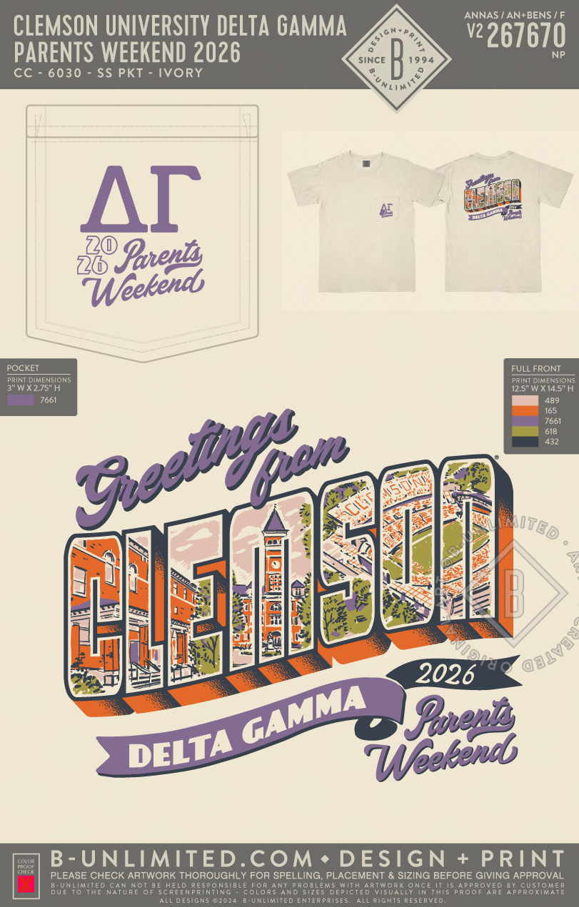 Clemson University Delta Gamma - Parents weekend 2026 - CC - 6030 - SS Pocket - Ivory