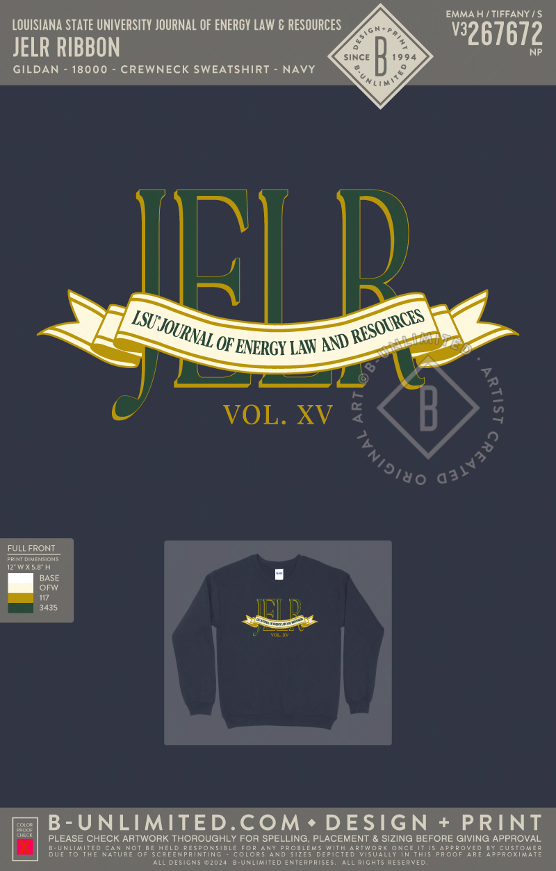 Louisiana State University Journal of Energy Law & Resources - JELR Ribbon - Gildan - 18000 - Crewneck Sweatshirt - Navy