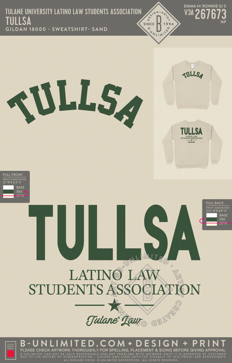 Tulane University Latino Law Students Association - TULLSA - Gildan - 18000 - Crewneck Sweatshirt - Sand