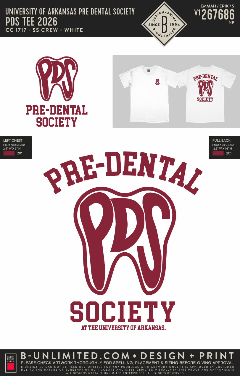 University of Arkansas Pre Dental Society - PDS Tee 2026 - CC - 1717 - SS Crew - White