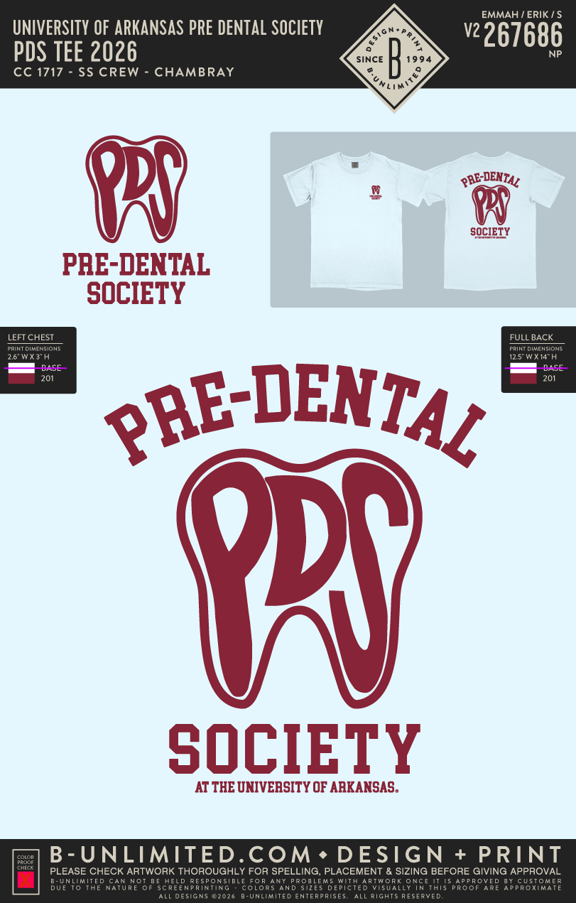 University of Arkansas Pre Dental Society - PDS Tee 2026 - CC - 1717 - SS Crew - Chambray