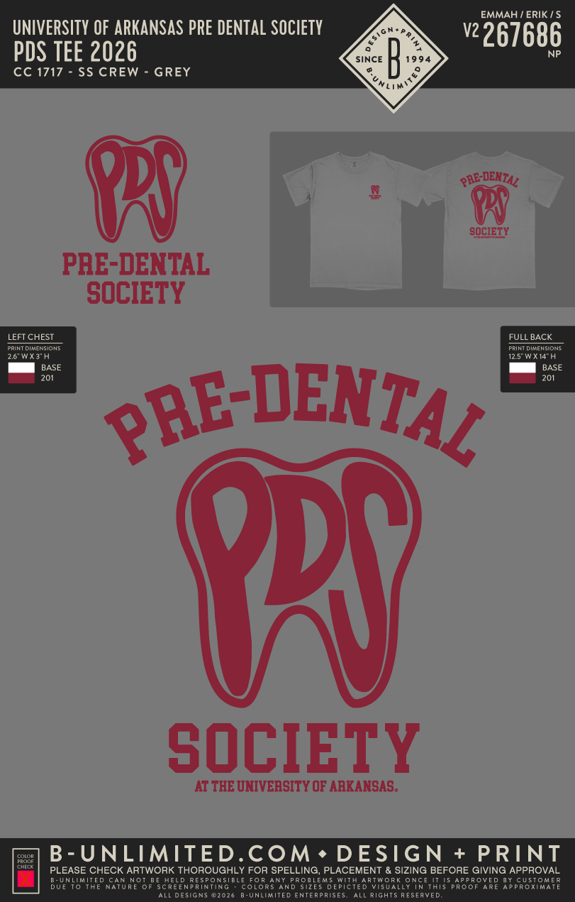 University of Arkansas Pre Dental Society - PDS Tee 2026 - CC - 1717 - SS Crew - Grey