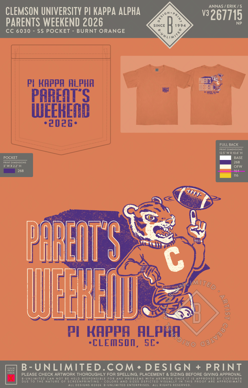 Clemson University Pi Kappa Alpha - Parents Weekend 2026 - CC - 6030 - SS Pocket - Burnt Orange