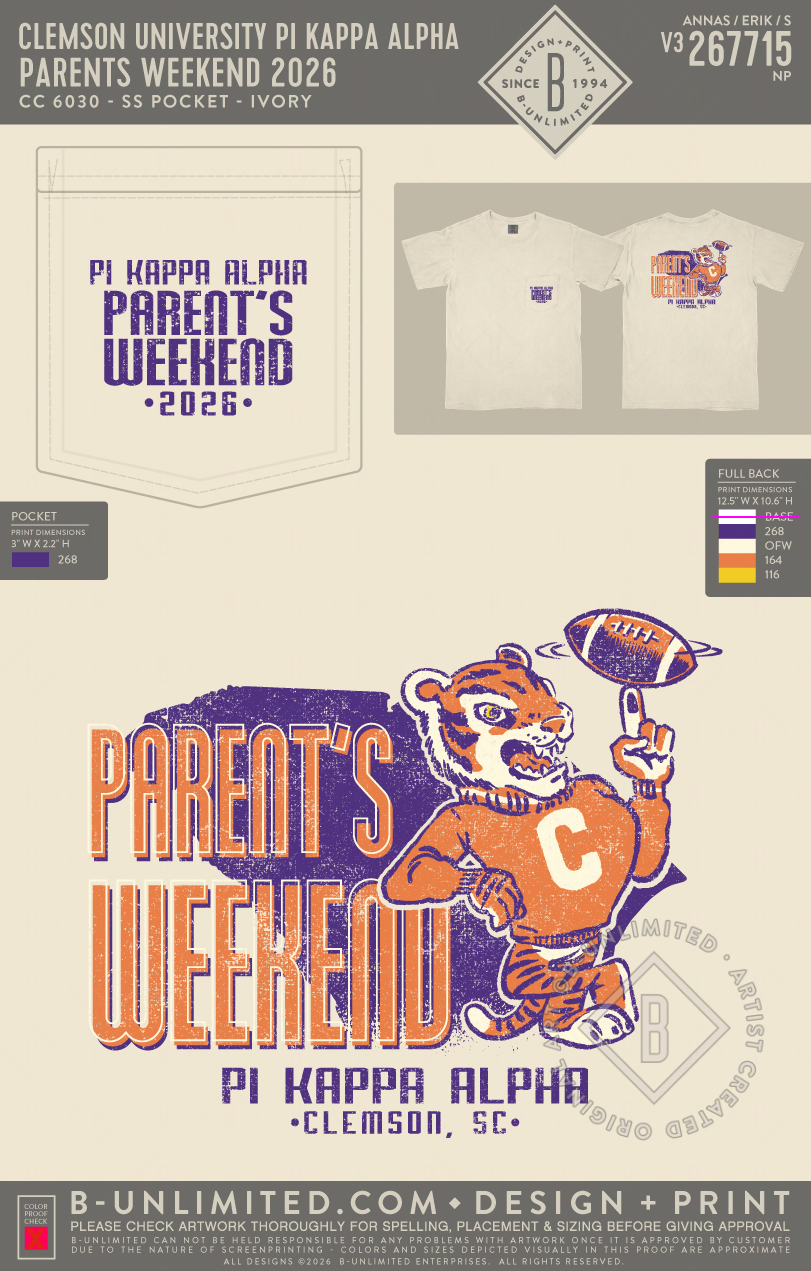 Clemson University Pi Kappa Alpha - Parents Weekend 2026 - CC - 6030 - SS Pocket - Ivory