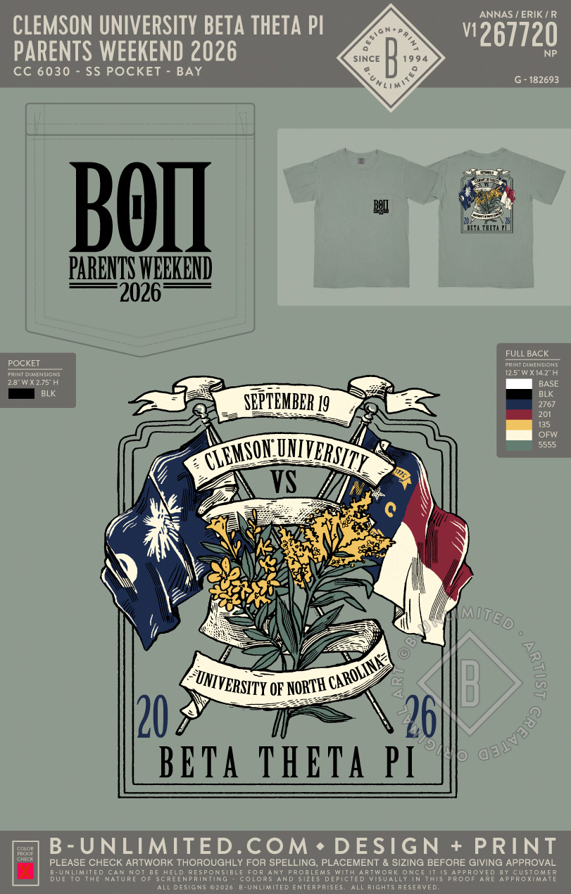 Clemson University Beta Theta Pi - Parents Weekend 2026 - CC - 6030 - SS Pocket - Bay
