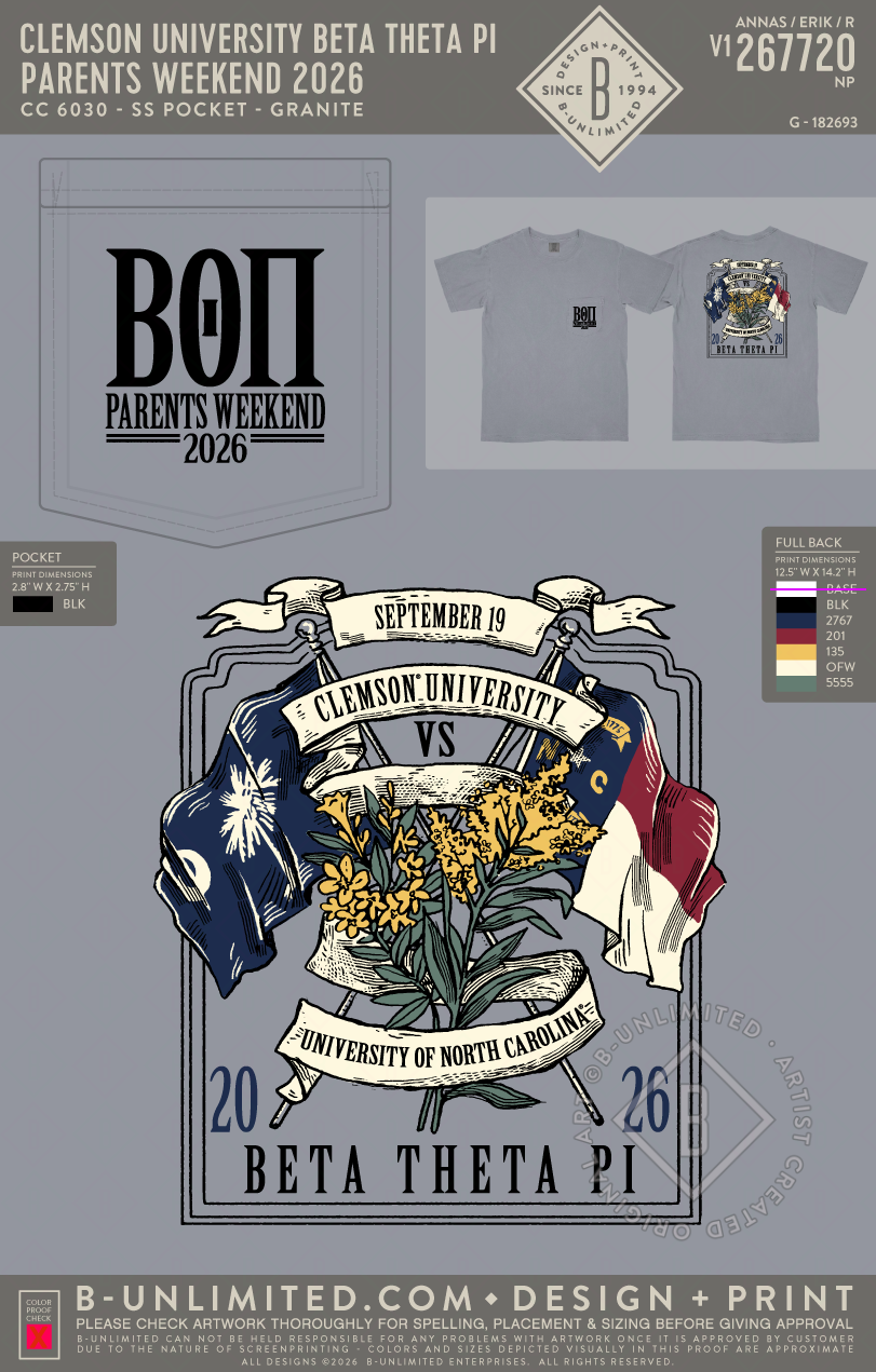Clemson University Beta Theta Pi - Parents Weekend 2026 - CC - 6030 - SS Pocket - Granite