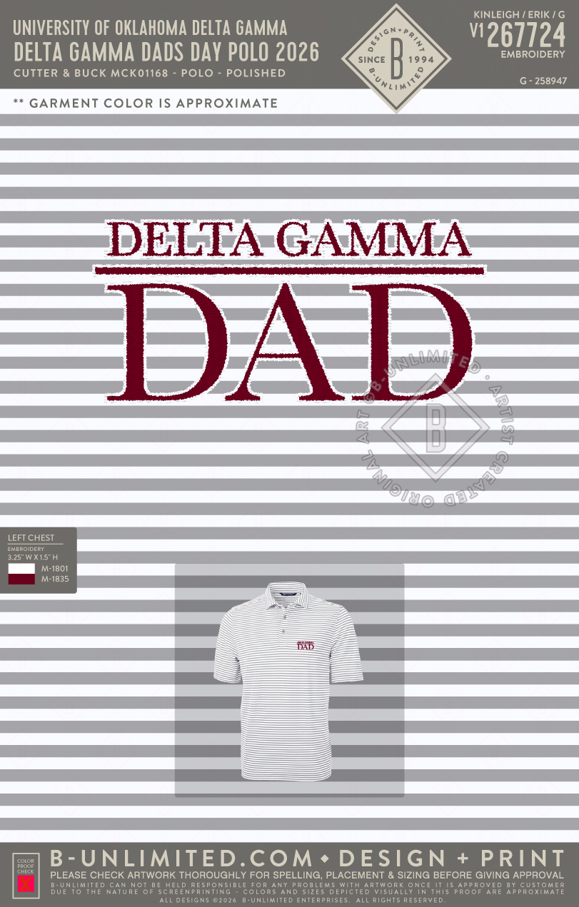 University of Oklahoma Delta Gamma - Delta Gamma Dads Day Polo 2026 - Cutter & Buck - MCK01168 - Virtue Eco Pique Stripe Recycled Mens Polo - Polished