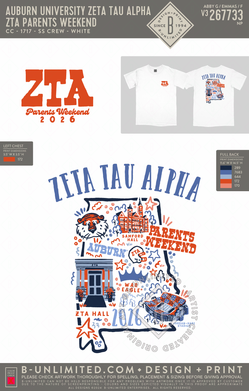 Auburn University Zeta Tau Alpha - ZTA Parents Weekend - CC - 1717 - SS Crew - White