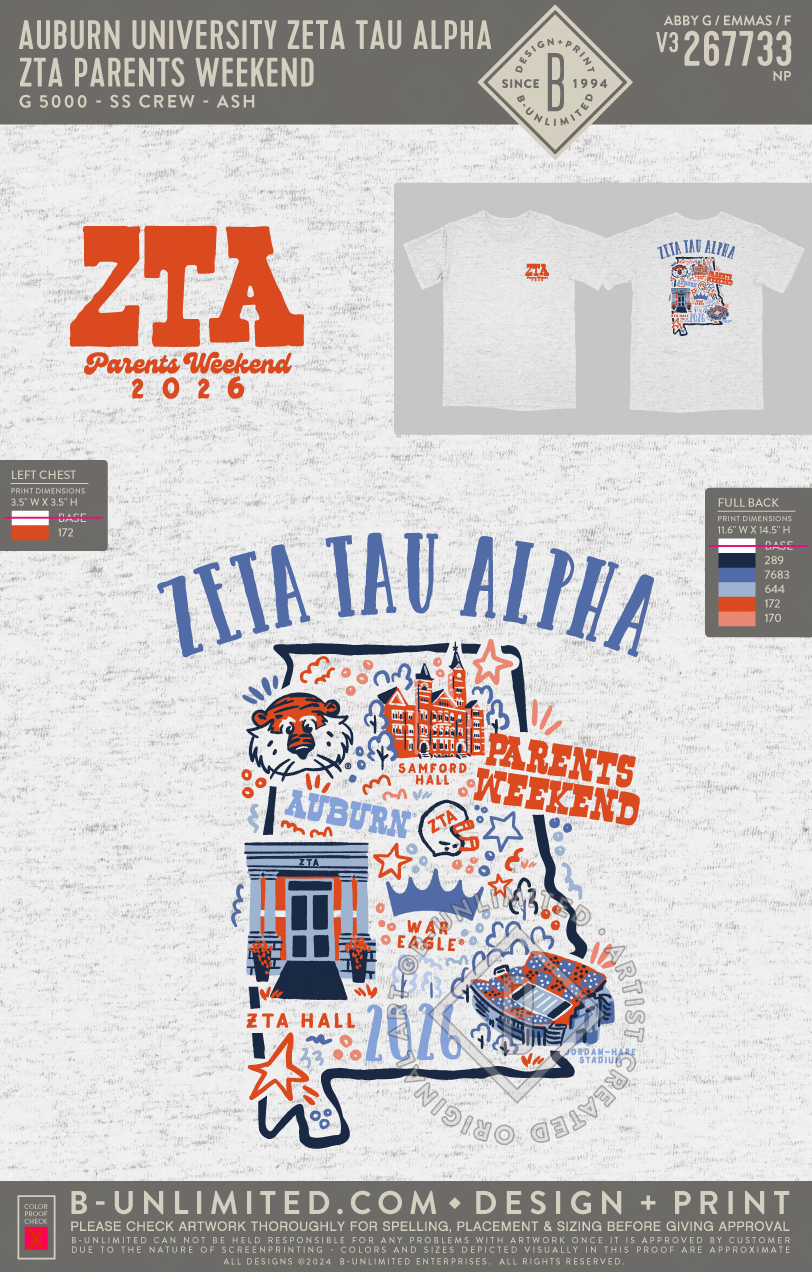 Auburn University Zeta Tau Alpha - ZTA Parents Weekend - Gildan - 5000 - SS Crew - Ash Grey