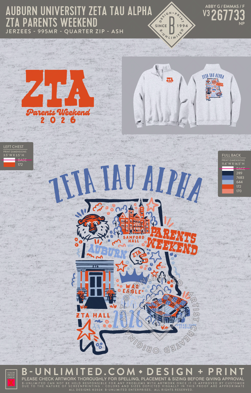 Auburn University Zeta Tau Alpha - ZTA Parents Weekend - Jerzees - 995MR - 1/4 Zip Pullover - Ash