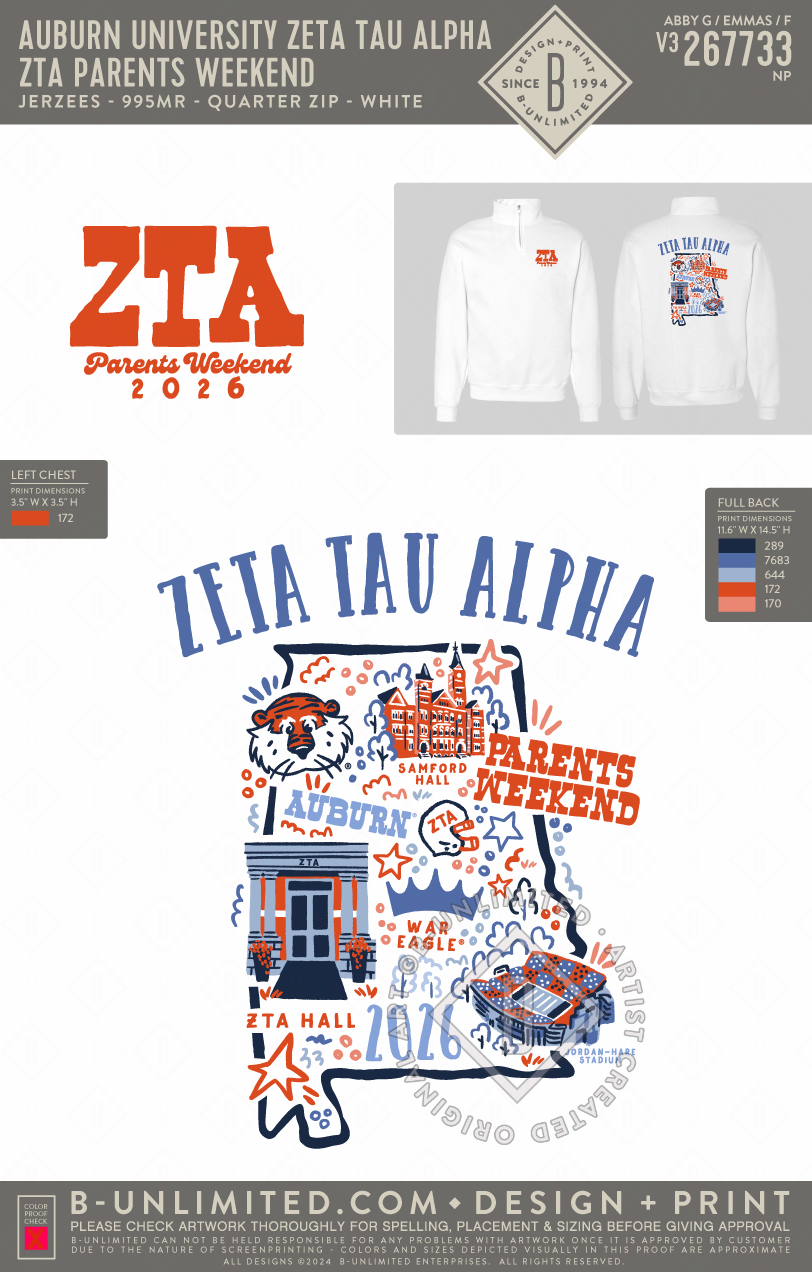 Auburn University Zeta Tau Alpha - ZTA Parents Weekend - Jerzees - 995MR - 1/4 Zip Pullover - White