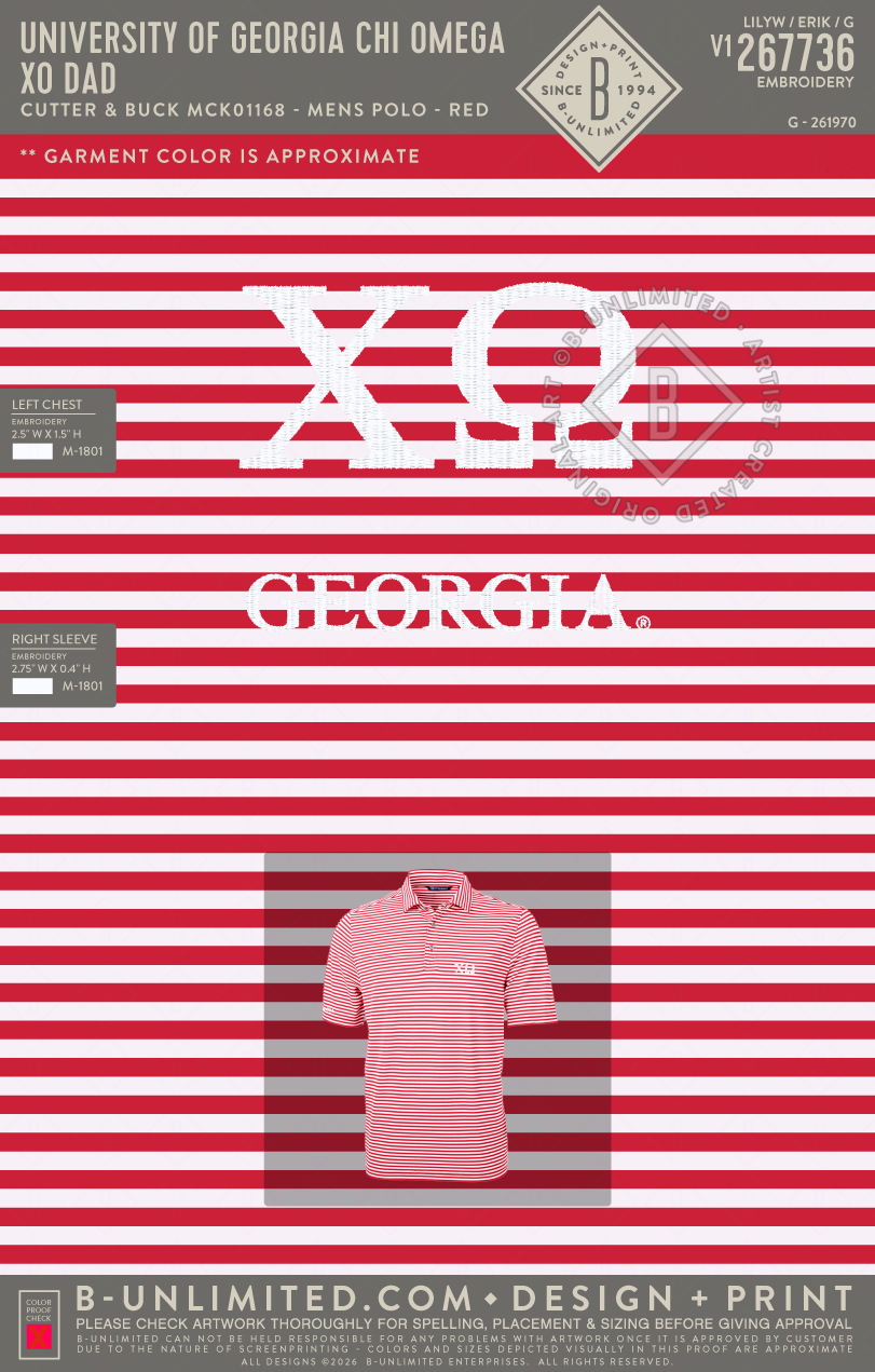 University of Georgia Chi Omega - XO DAD - Cutter & Buck - MCK01168 - Virtue Eco Pique Stripe Recycled Mens Polo - Red
