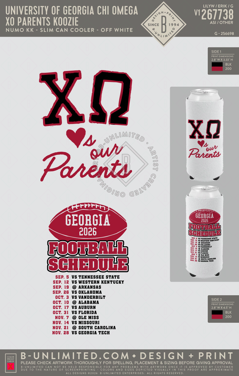 University of Georgia Chi Omega - XO Parents Koozie - Numo - 1080 - Slim Can Cooler - White