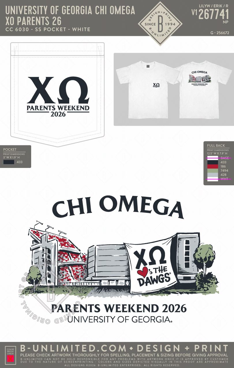University of Georgia Chi Omega - XO Parents 26 - CC - 6030 - SS Pocket - White
