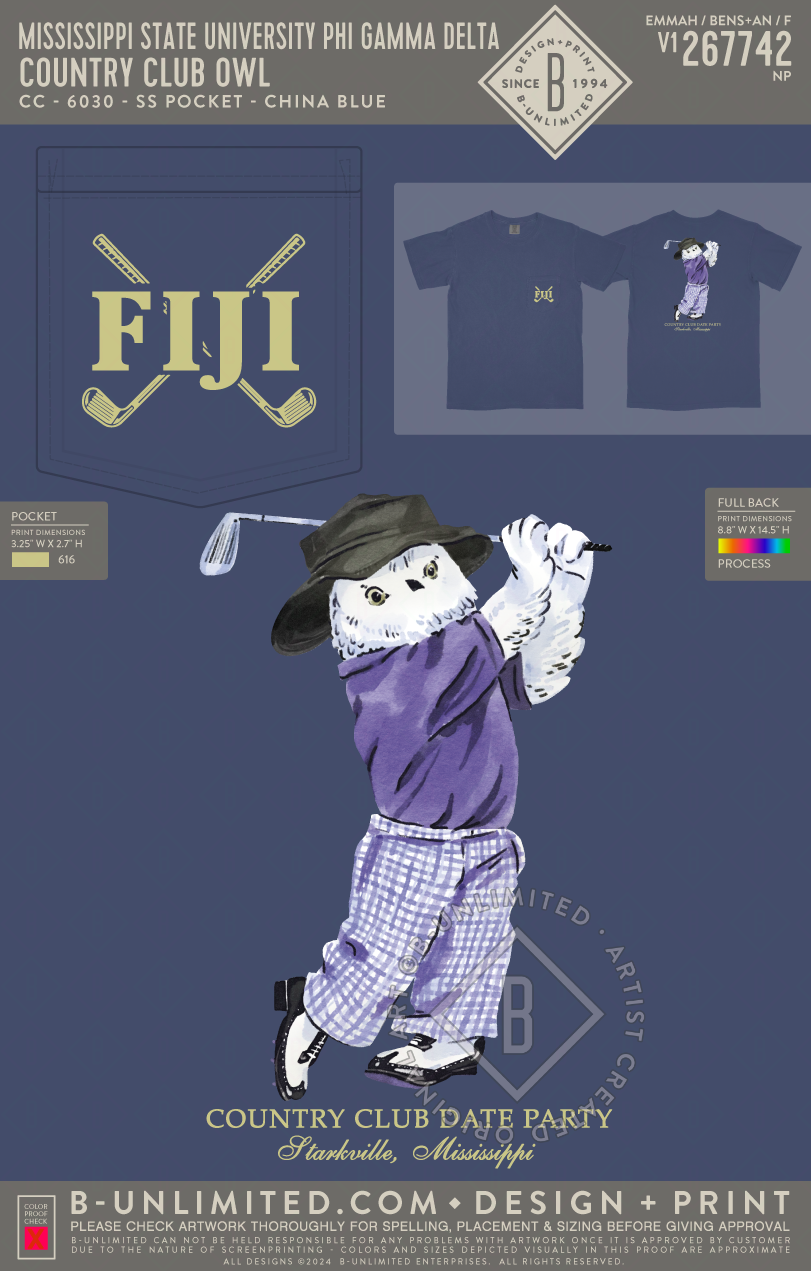 Mississippi State University Phi Gamma Delta - Country Club Owl - CC - 6030 - SS Pocket - China Blue