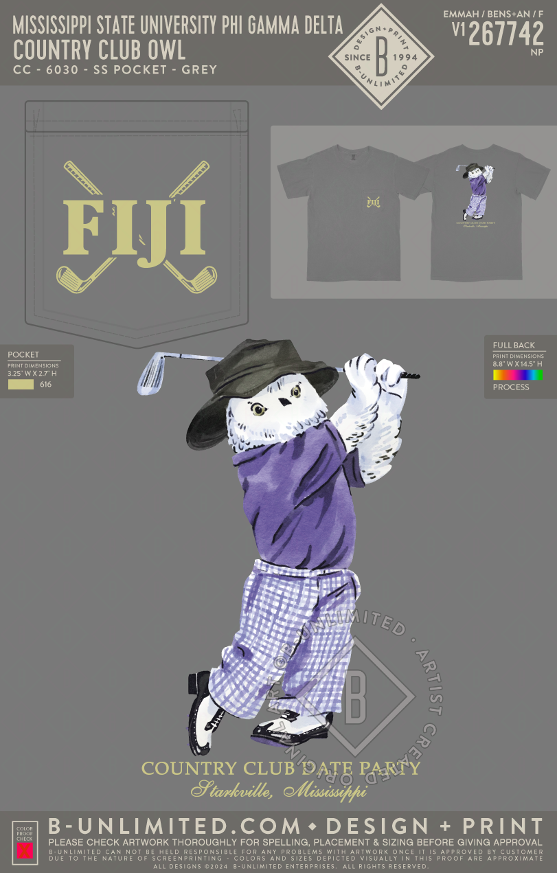 Mississippi State University Phi Gamma Delta - Country Club Owl - CC - 6030 - SS Pocket - Grey