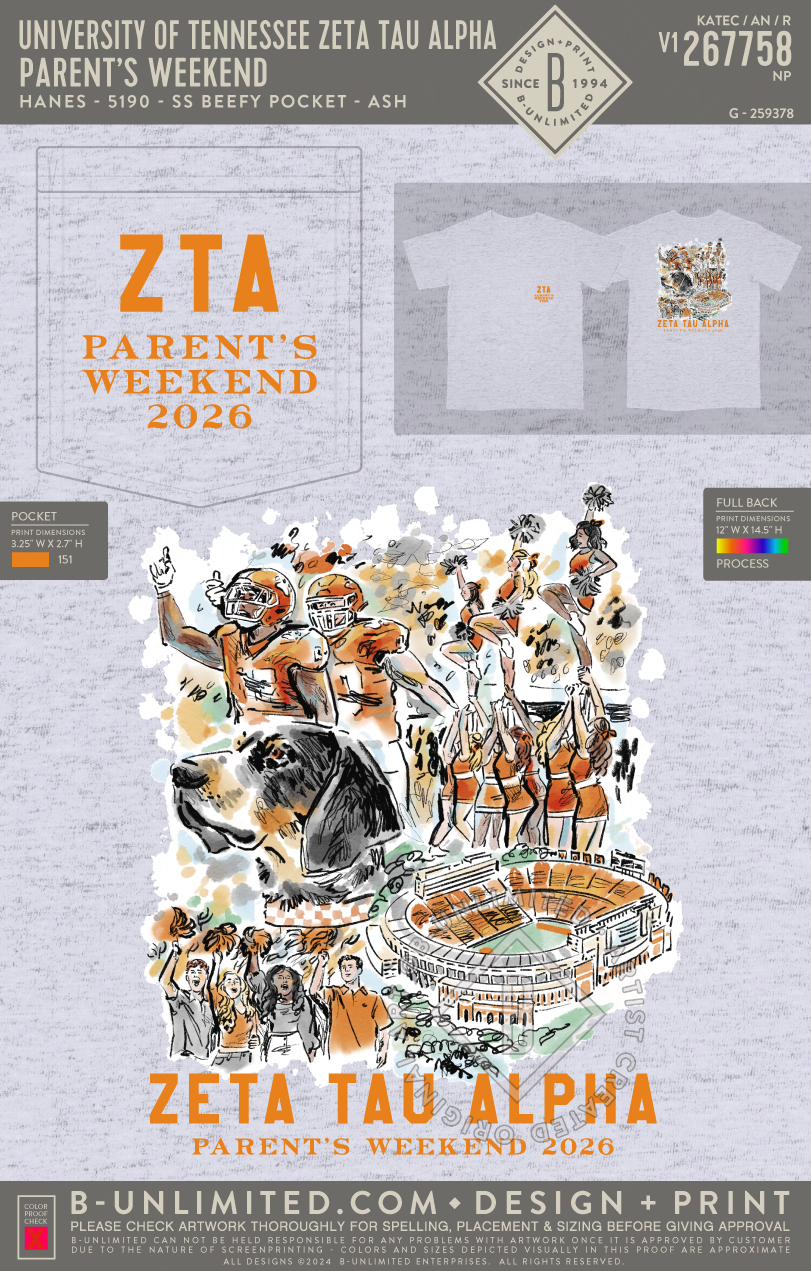 University of Tennessee Zeta Tau Alpha - Parent's Weekend - Hanes - 5190 - SS Beefy Pocket - Ash