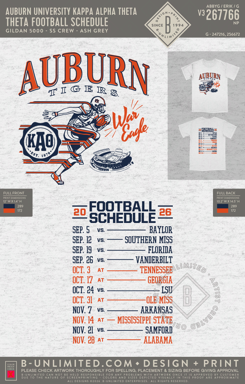 Auburn University Kappa Alpha Theta - Theta Football Schedule - Gildan - 5000 - SS Crew - Ash Grey