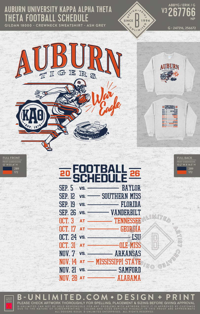 Auburn University Kappa Alpha Theta - Theta Football Schedule - Gildan - 18000 - Crewneck Sweatshirt - Ash Grey