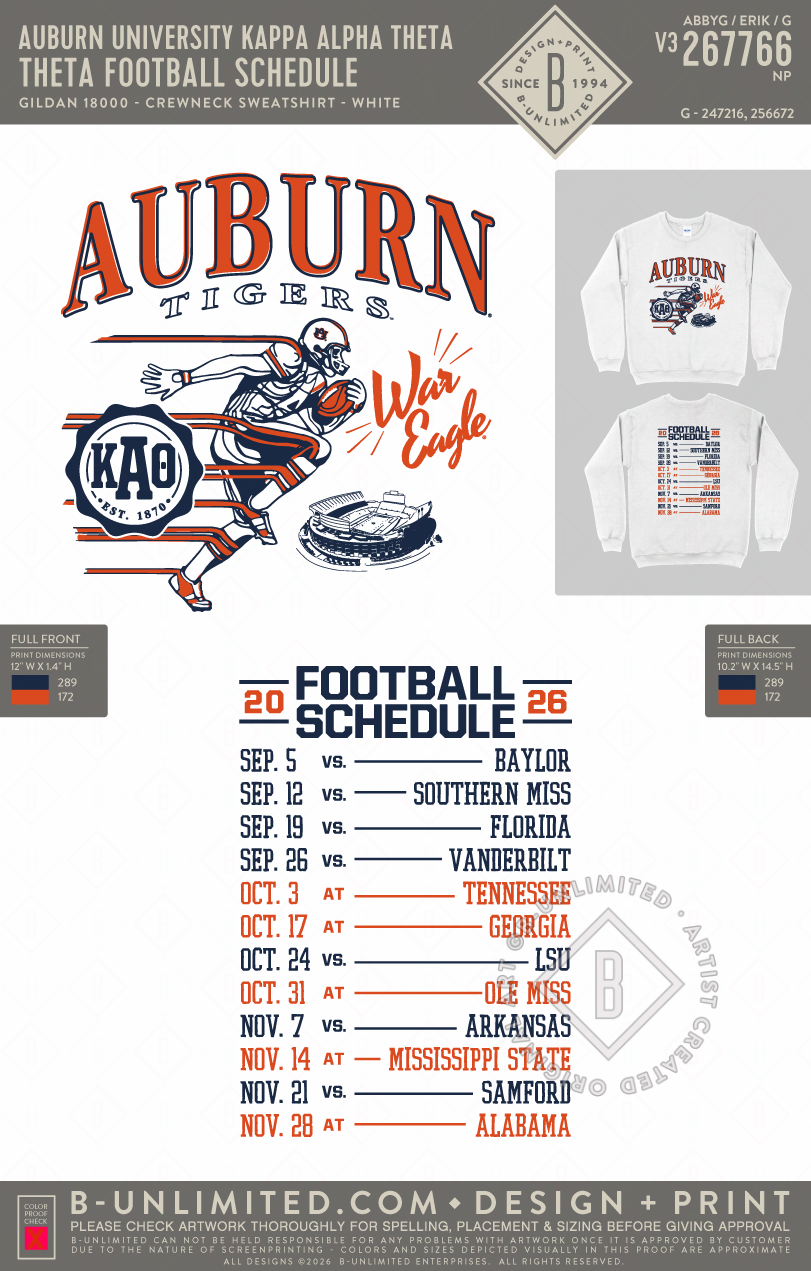 Auburn University Kappa Alpha Theta - Theta Football Schedule - Gildan - 18000 - Crewneck Sweatshirt - White