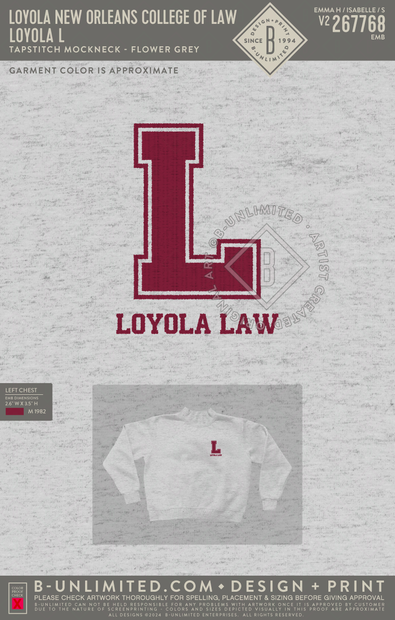 Loyola New Orleans College of Law - Loyola L - Tap Stitch - WW0004-P001-V2 - Mockneck Crewneck Sweatshirt - Flower Grey