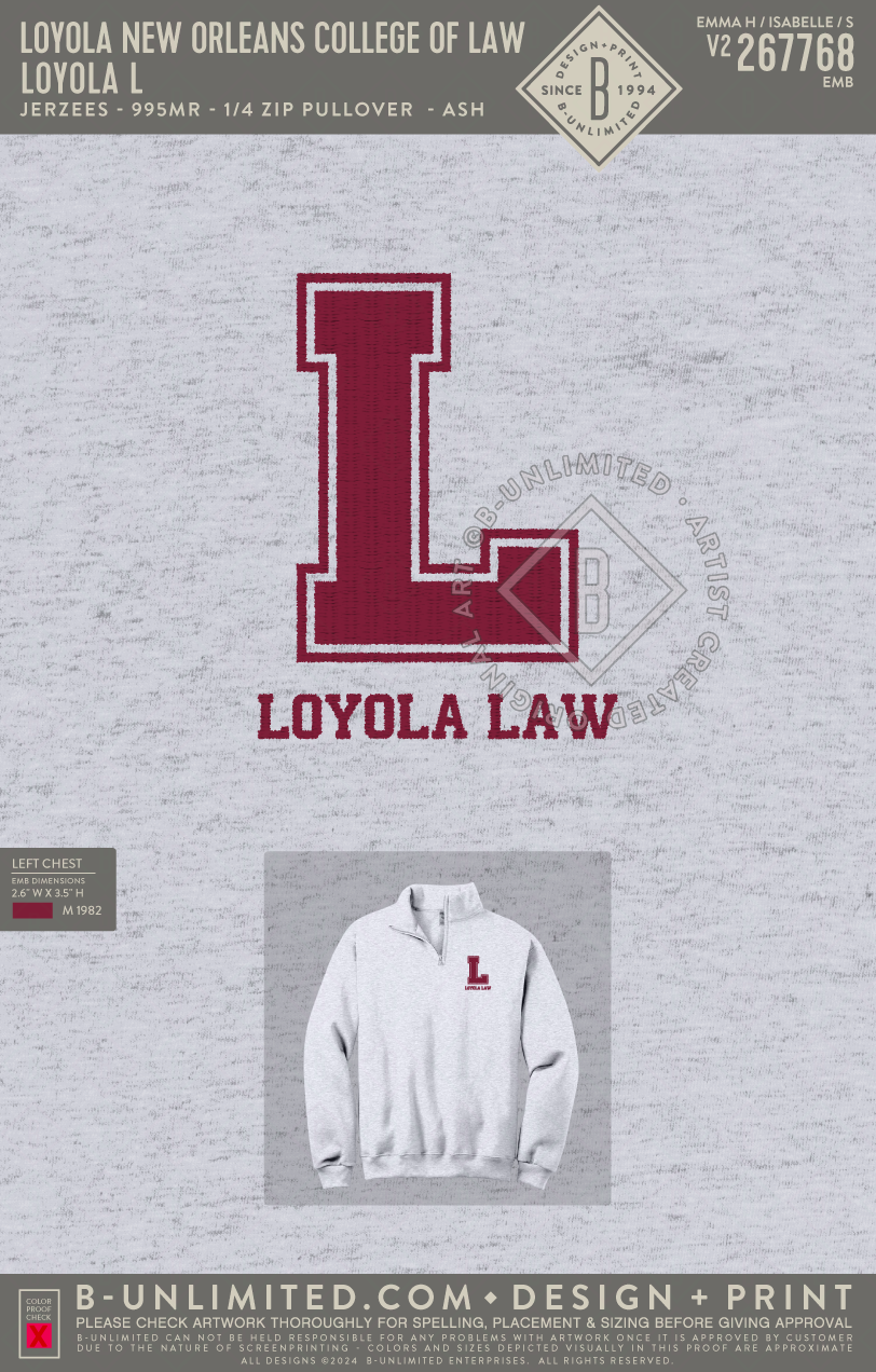 Loyola New Orleans College of Law - Loyola L - Jerzees - 995MR - 1/4 Zip Pullover - Ash