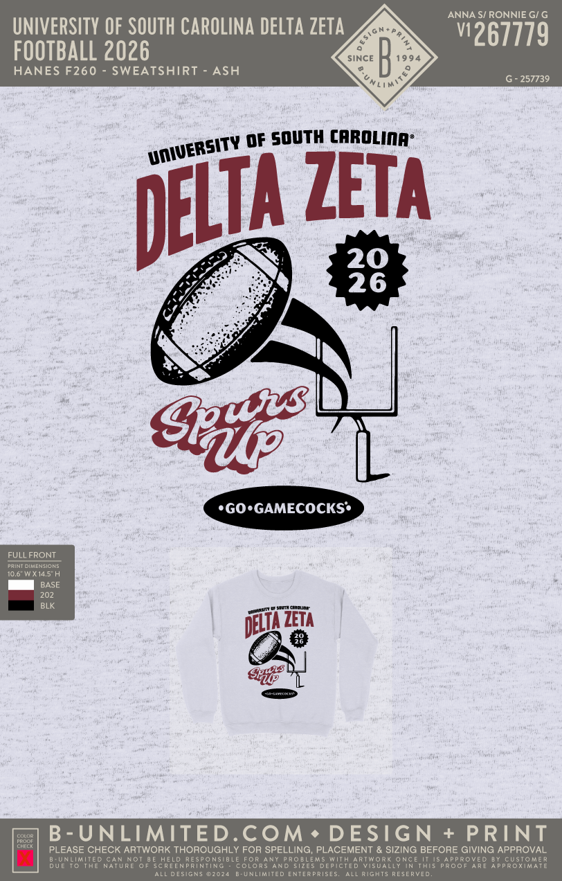 University of South Carolina Delta Zeta - Football 2026 - Hanes - F260 - Sweatshirt - Ash