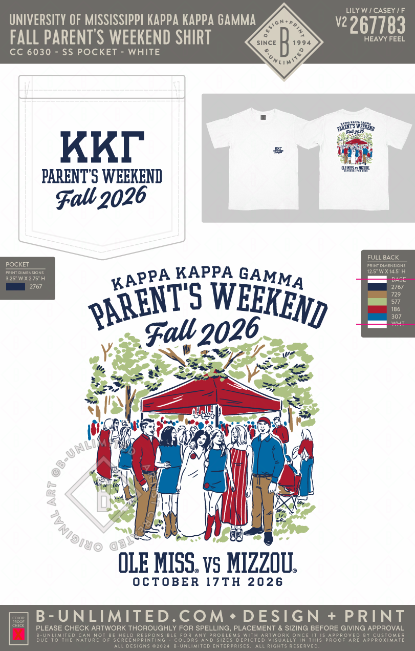University of Mississippi Kappa Kappa Gamma - Fall Parent's Weekend Shirt - CC - 6030 - SS Pocket - White