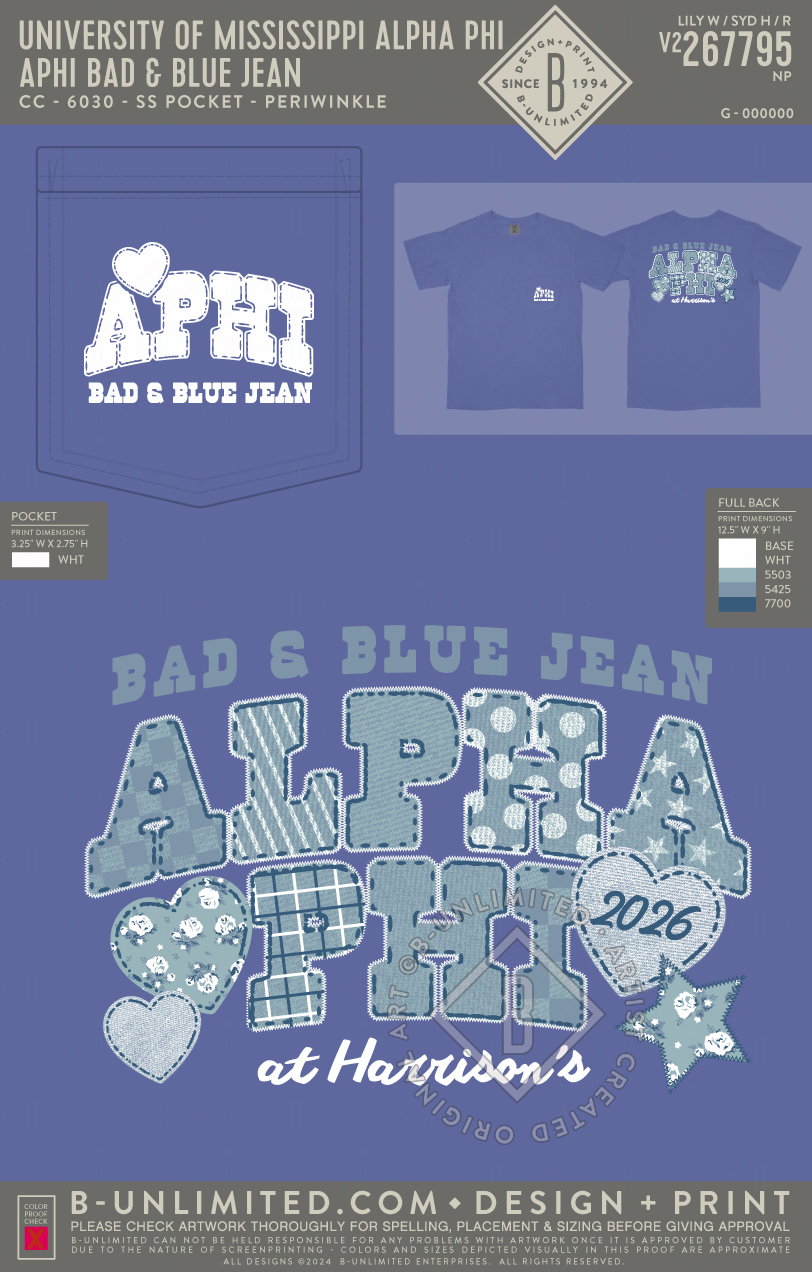 University of Mississippi Alpha Phi - APHI Bad & Blue Jean - CC - 6030 - SS Pocket - Periwinkle