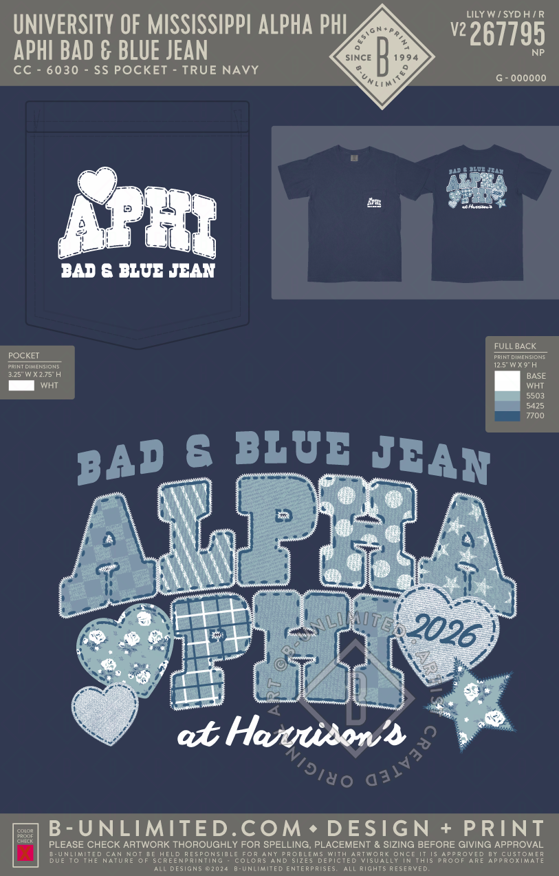 University of Mississippi Alpha Phi - APHI Bad & Blue Jean - CC - 6030 - SS Pocket - True Navy