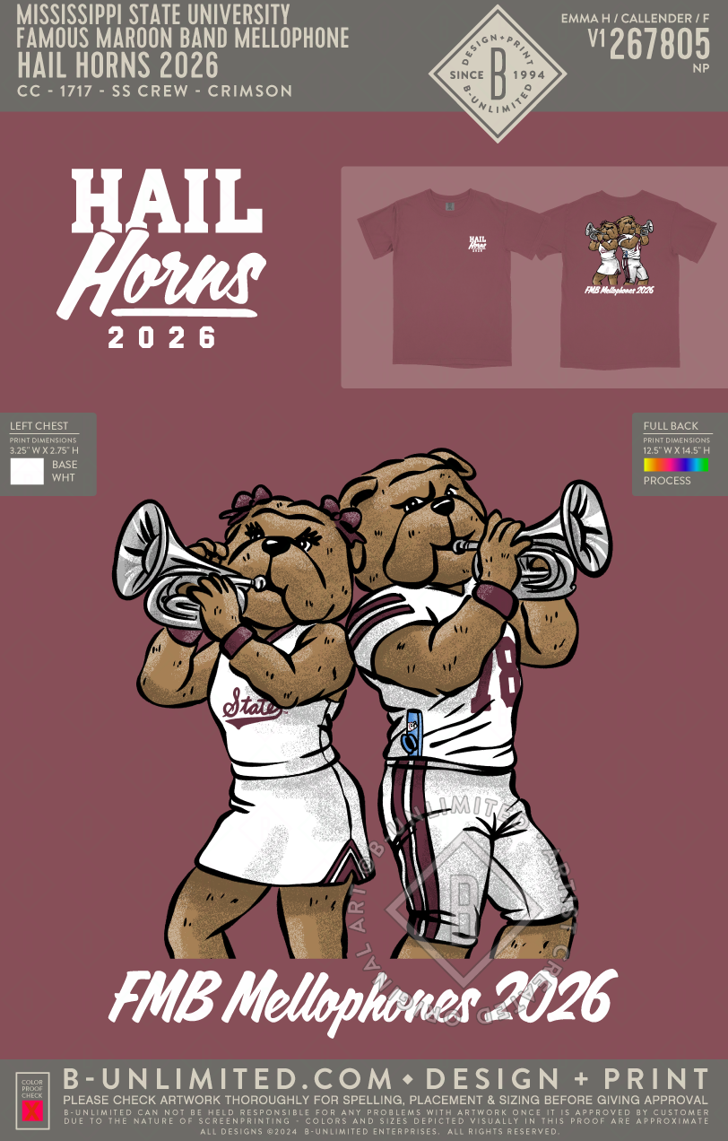 Mississippi State University Famous Maroon Band Mellophone - Hail Horns 2026 - CC - 1717 - SS Crew - Crimson