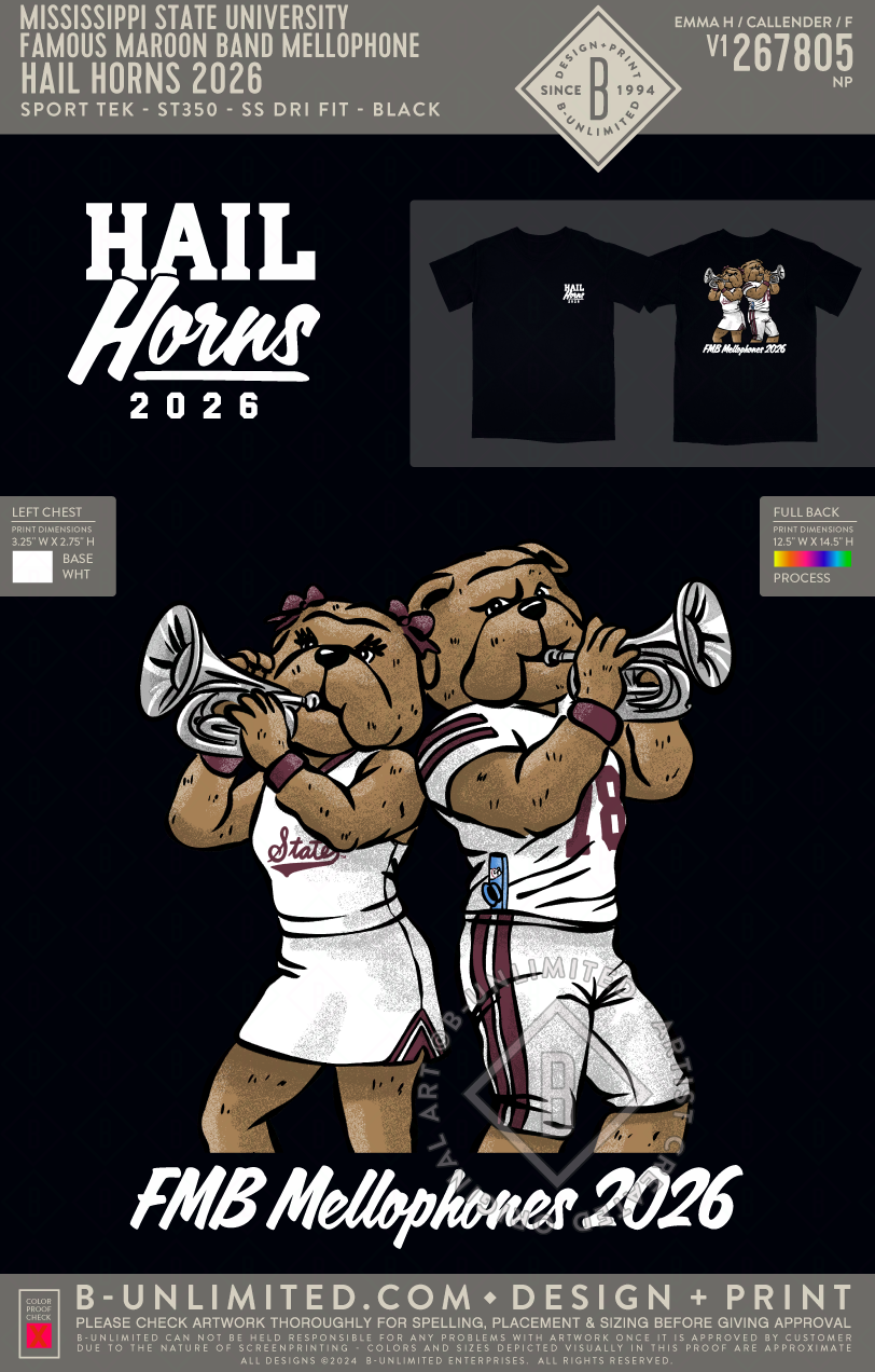 Mississippi State University Famous Maroon Band Mellophone - Hail Horns 2026 - Sport Tek - ST350 - SS Dri Fit - Black