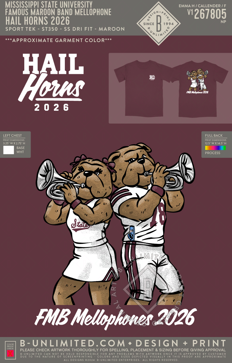 Mississippi State University Famous Maroon Band Mellophone - Hail Horns 2026 - Sport Tek - ST350 - SS Dri Fit - Maroon