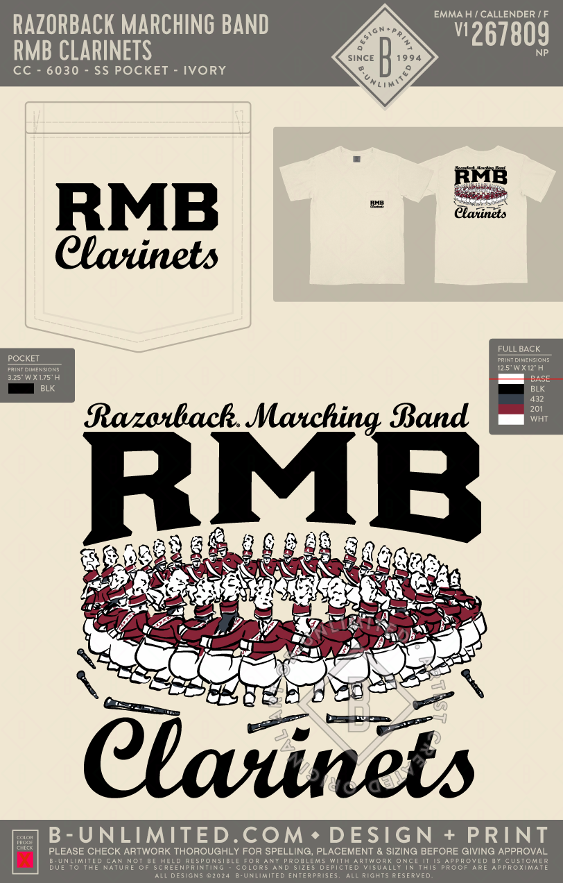 Razorback Marching Band - RMB Clarinets - CC - 6030 - SS Pocket - Ivory