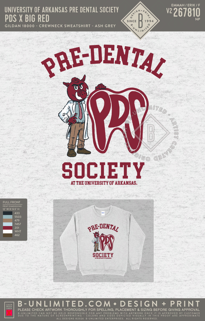 University of Arkansas Pre Dental Society - PDS x Big Red - Gildan - 18000 - Crewneck Sweatshirt - Ash Grey