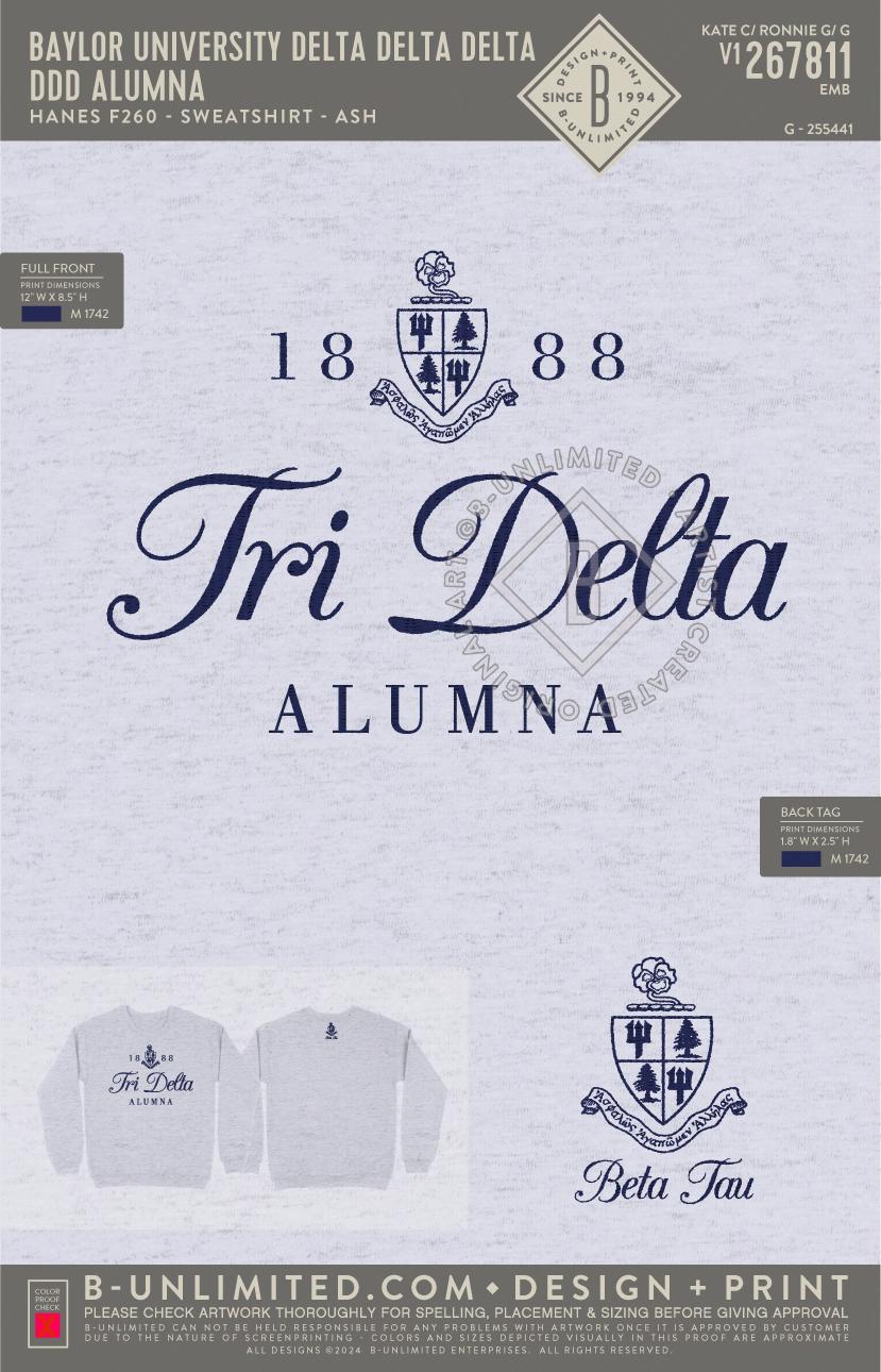 Baylor University Delta Delta Delta - DDD Alumna - Hanes - F260 - Sweatshirt - Ash